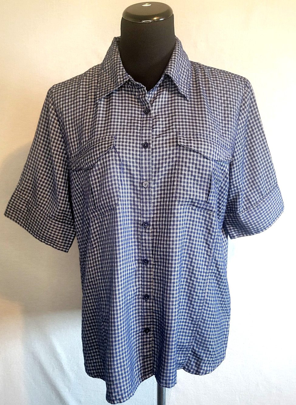 North Crest Women's Large 14-16 Blue Plaid Short Sleeve Button Front Shirt Top